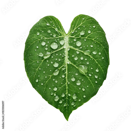 Heart-shaped Green Leaf Covered in Water Droplets on a White Background