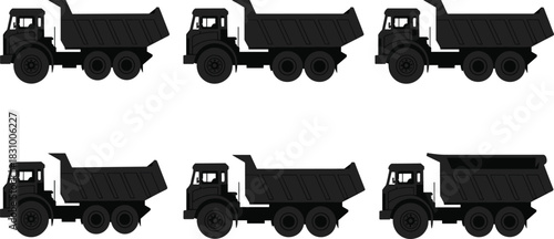 Dump truck silhouettes, construction vehicles, heavy machinery, industrial transport, black illustration, multiple designs, side view, cargo beds, equipment
