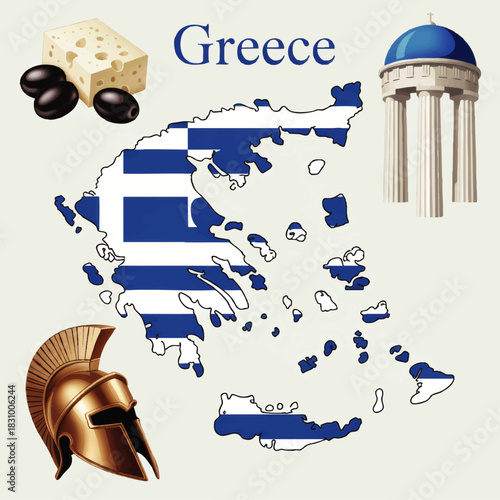 Greece travel illustration with flag map, ancient temple, Corinthian helmet, olives and feta cheese icons on light background