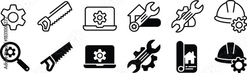 Engineering icons, construction symbols, gear, wrench, blueprint, laptop, hard hat, magnifier, house, black illustration, technical tools