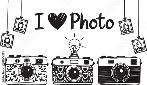 Minimalist black and white illustration celebrating the love of photography with vintage cameras and photo frames