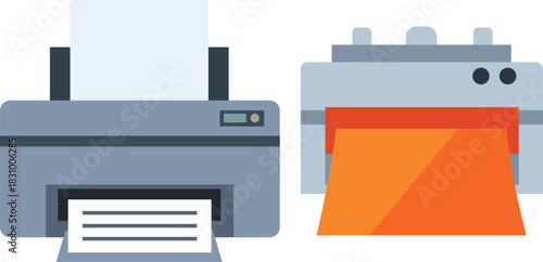 Two flat design printers one printing paper and one with orange output office equipment technology