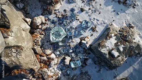 Wallpaper Mural Aerial View of Geometric Crystal Formations Amidst Rocky Terrain on a Snowy Surface Torontodigital.ca