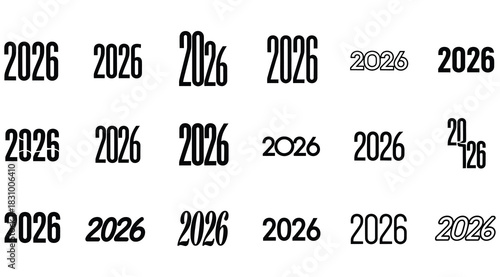 A collection of the year 2026 in various fonts and styles, showcasing a variety of typographic representations for use in design, calendars, invitations, and commemorative materials isolated on