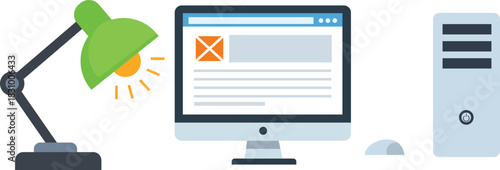 Green desk lamp computer monitor and desktop tower with mouse vector