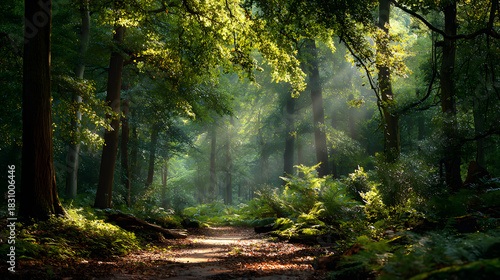 Gentle sunlight filtering through leaves creating calm and introspective forest mood 