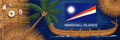 Marshall Islands flag with traditional canoe, palm tree and island culture icons on blue ocean background, Pacific travel illustration