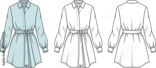Long-sleeved shirt dress sketch, puff sleeve and waist belt detail, front and back view, cad drawing flat vector illustration