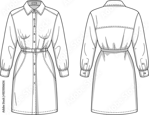 Long-sleeved shirt dress sketch, collared neckline and belted waist detail, front and back view, cad drawing vector illustration