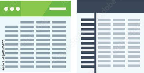 Two abstract table layouts with green and dark blue headers spreadsheet data