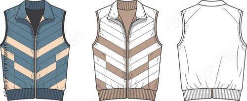 Sleeveless chevron zip-up vest sketch, front and back fashion view, ribbed collar detail, cad drawing flat vector illustration