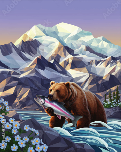 Low poly brown bear catching salmon in mountain river, polygonal wildlife illustration with glacier peaks and wildflower landscape