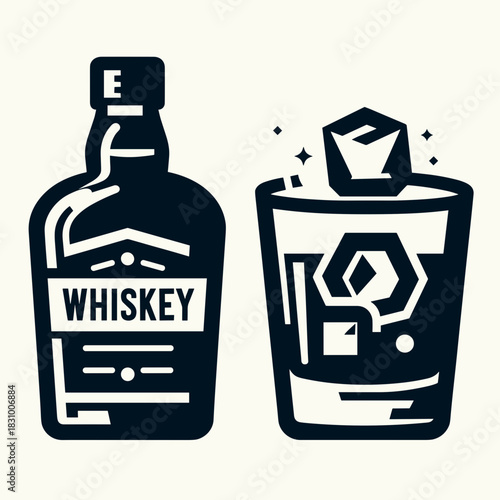 Whiskey bottle and glass illustration with ice cubes and classic style, copy space