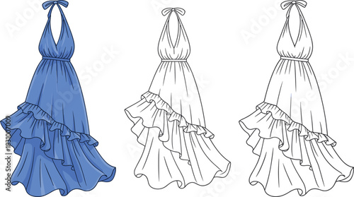 Halter-neck ruffled maxi dress fashion sketch, front and back garment template, cad drawing flat vector illustration for design