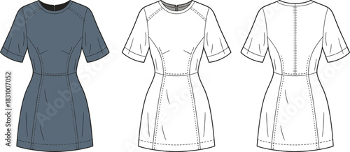 Short-sleeved fitted dress sketch, princess seam and back zipper detail, front and back view, cad drawing flat vector illustration