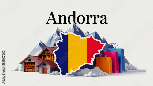 Andorra travel illustration with flag map, Pyrenees mountains, traditional chalet and colorful shopping bags on transparent background
