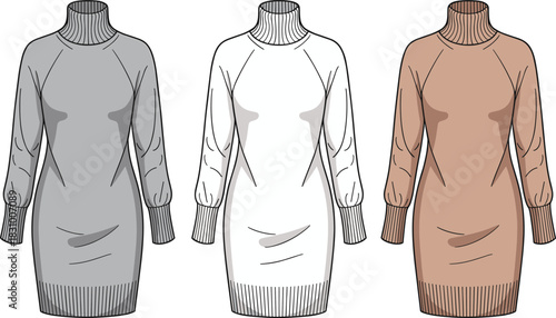 Sweater dress fashion sketch, turtleneck long sleeve design, color variations, front view, cad drawing flat vector illustration