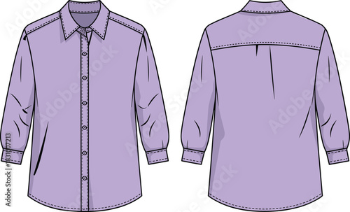 Long-sleeved button-up shirt sketch, front and back fashion view, pointed collar detail, cad drawing flat vector illustration