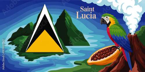 Colorful Saint Lucia travel illustration with Pitons mountains, national flag, tropical parrot, cocoa pod and volcanic landscape