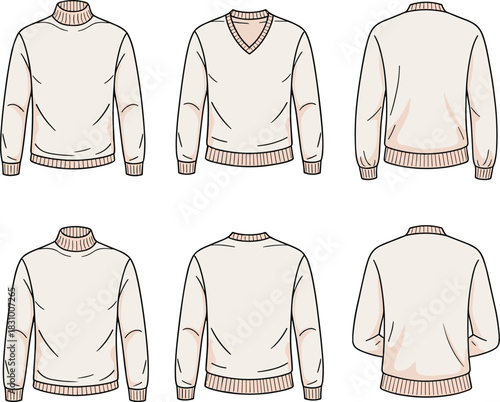 Sweater style comparison sketch, mock neck, V-neck, and crew neck front and back view, cad drawing flat vector illustration