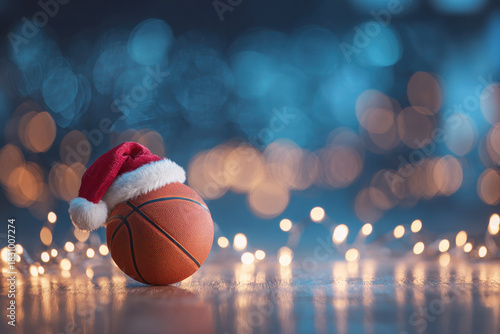 Basketball ball wearing santa hat with festive christmas lights and bokeh background celebrating winter holidays and sports