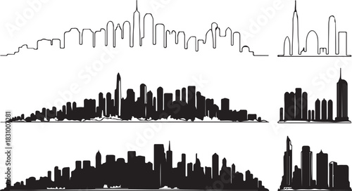 Black and White Skyline Silhouette Minimalist Cityscape Vector Graphics for Modern Design Projects