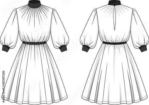 High-neck pleated dress sketch, front and back fashion view, belted waist detail, cad drawing flat vector illustration