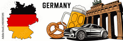 Germany travel illustration with flag map, Brandenburg Gate, beer, pretzel and sports car icons for tourism and Oktoberfest design