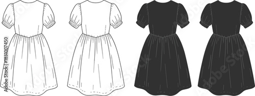 Puff sleeve dress back view fashion sketch, black and white garment template, cad drawing flat vector illustration set