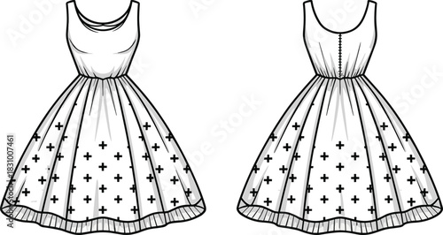 Scoop neck flared dress sketch, cross pattern, button back detail, cad drawing flat vector illustration, front back view Scoop neck flared dress sketch, cross 