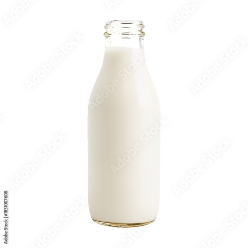 Fresh Milk in a Clear Glass Bottle on a White Background Ready for Use in Coo...