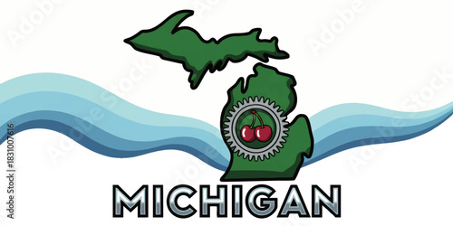 Michigan state illustration with cherry emblem, blue lake waves and bold typography, Great Lakes tourism travel art vector design