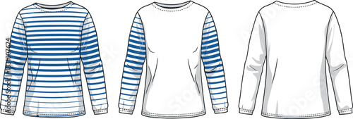Striped long sleeve shirt, front side back view, gathered cuff, fashion flat sketch, cad drawing flat vector illustration