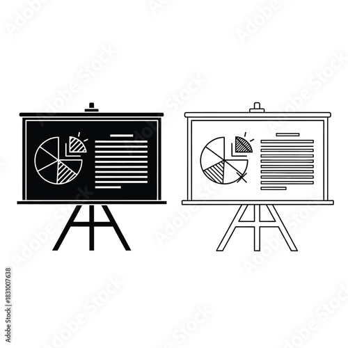 Presentation board with pie chart and text lines, isolated icons in black and white, clean design.