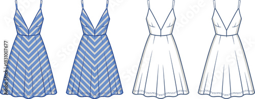 Sleeveless A-line dress illustration, chevron stripe and plain styles, fashion sketch, vector template, cad drawing flat vector illustration
