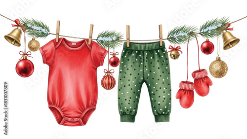 Watercolor Baby Christmas Outfit Clipart with Red Onesie, Green Pants, Mittens and Holiday Decorations on Clothesline