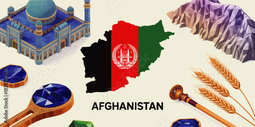 Afghanistan culture map illustration with national flag, mosque, mountains, wheat, gemstones and traditional elements on light background