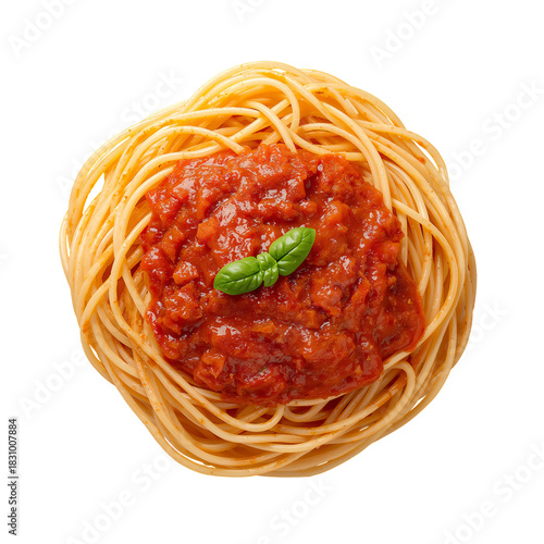 Spaghetti With Rich Tomato Sauce and Fresh Basil Served on a White Plate