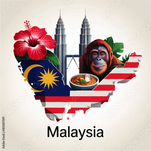 Malaysia travel illustration with flag map, Petronas Towers, hibiscus flower, orangutan and traditional food cultural landmarks art