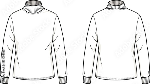 Long sleeve turtleneck sweater fashion sketch, front and back garment template, clothing flat drawing, cad drawing flat vector illustration