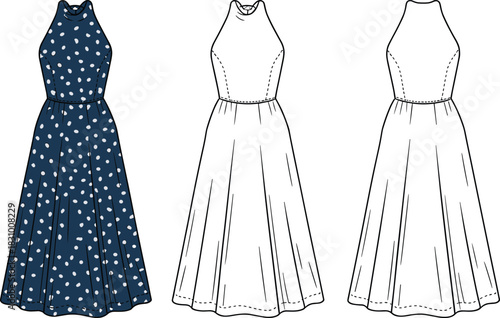 Sleeveless halter-neck dress sketch, polka dot and flared skirt detail, front and back view, cad drawing flat vector illustration