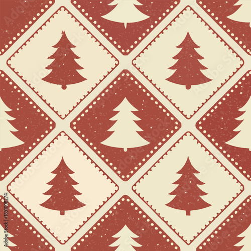 Seamless Vintage Christmas Tree Pattern in Diagonal Diamond Shapes with Rustic Texture