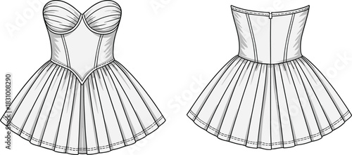 Strapless sweetheart neckline dress sketch, front and back fashion view, pleated skirt detail, cad drawing flat vector illustration