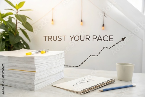 Clean Paper Stack Highlights Minimal Bright Workspace with Trust Your Pace
