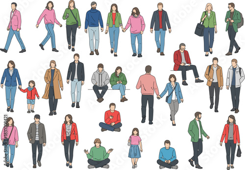 Walking and sitting people illustration set featuring diverse characters in casual clothing for urban scenes, lifestyle design, crowd elements and public space concepts