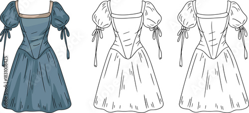 Puff sleeve dress sketch, square neckline and ribbon tie detail, flared skirt front and back view, cad drawing flat vector illustration