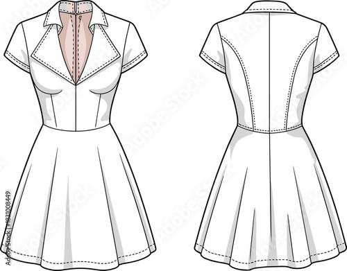 Short-sleeved collared dress sketch, princess seam and flared skirt detail, front and back view, cad vector illustration