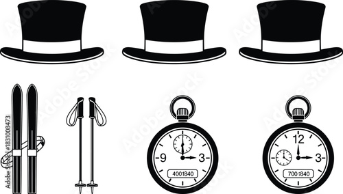 Vintage top hats, ski equipment, pocket watches illustration, classic winter sports gear and retro fashion accessories for design, decoration, and collectibles