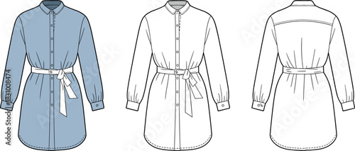 Belted shirt dress technical sketch, front and back fashion template, garment design flat drawing, cad drawing flat vector illustration