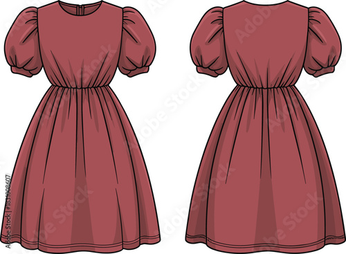 Puff-sleeve gathered skirt dress sketch, front and back fashion view, vintage silhouette, cad drawing flat vector illustration